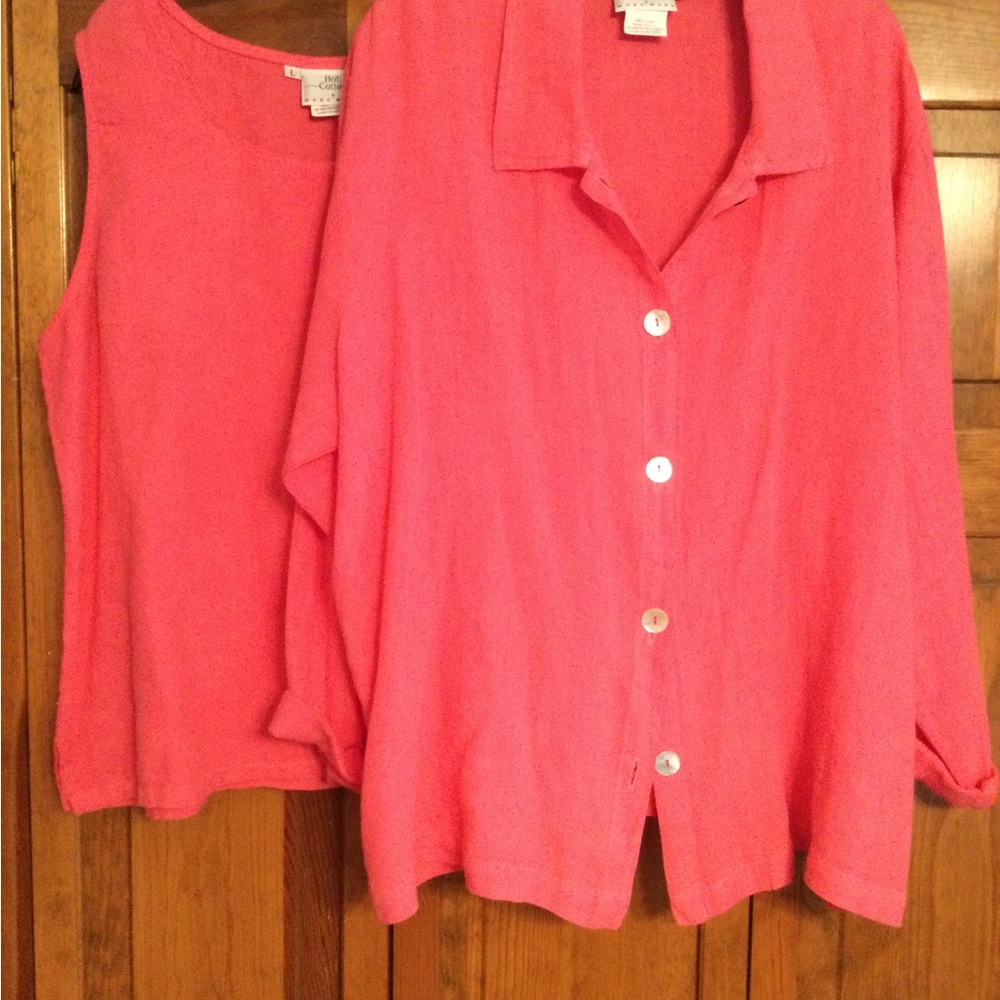 Hot Cotton Coral Linen Tank and Shirt, sz L